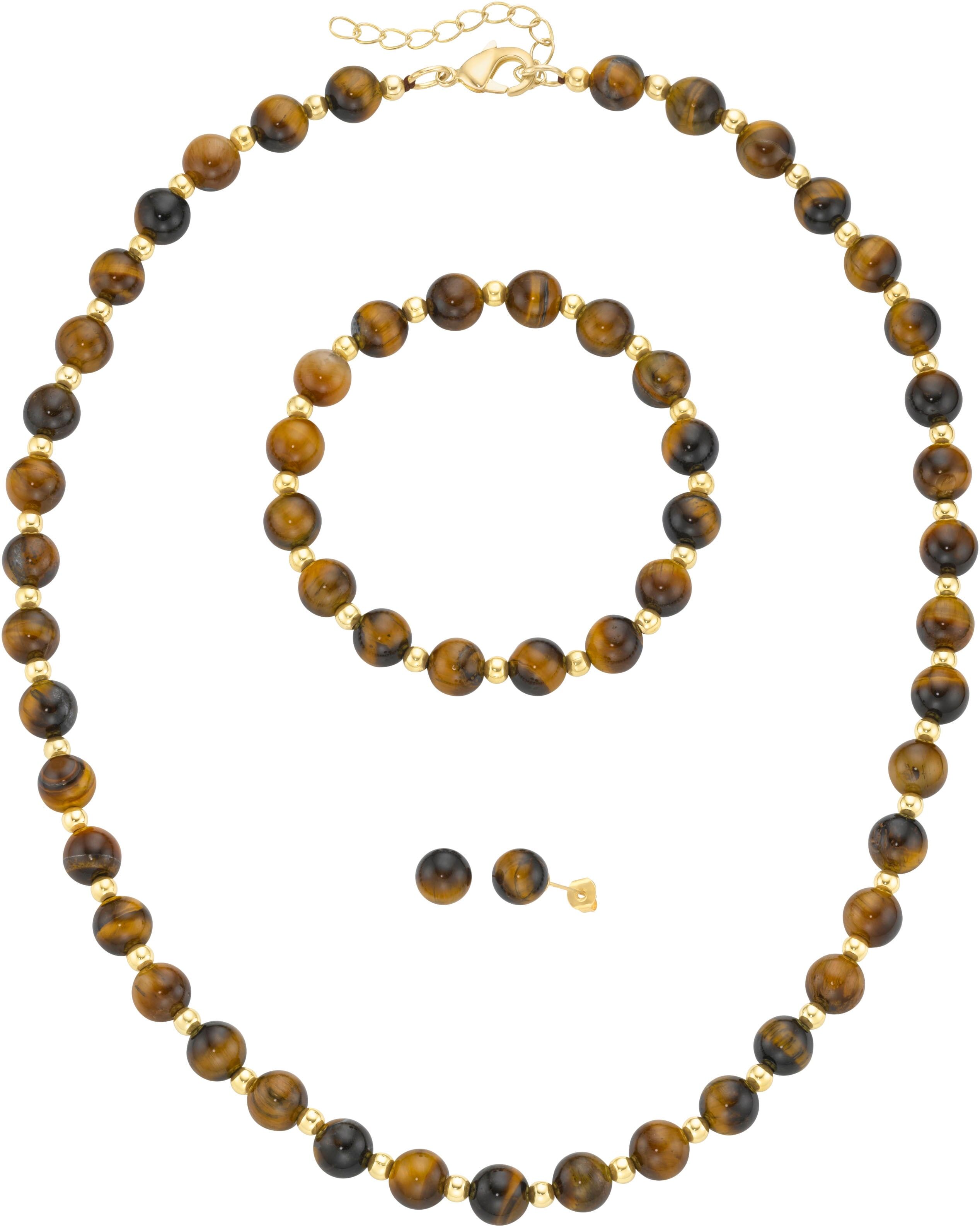 Schmuckset FIRETTI "Multipack Schmuck Geschenk Ohrstecker Armkette Halskette Kügelchen", braun (gelbgoldfarben, braun, braun), Schmuck_Sets, Damen, Elasthan, Messing, Polyester, Schmuckset, mit Tigerauge gelbgoldfarben, braun, braun Einheitsgröße