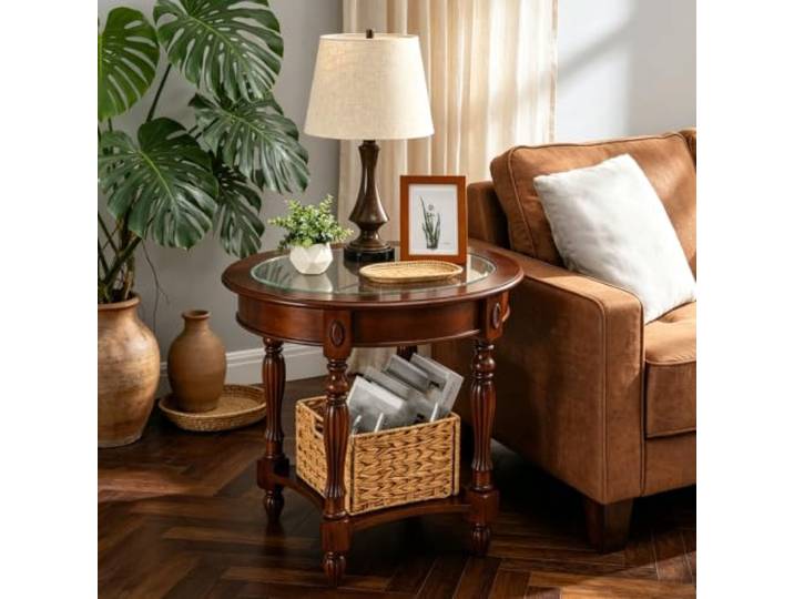EBOYNSowAprr Luxuriöser ovaler Couchtisch aus handgeschnitztem Massivholz Couchtisch im amerikanischen Landhausstil mit Stauraumfach, Sichere abgerundete Kanten(Glass,28.0x22.0x24.4 in)