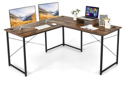L-Shaped Reversible Computer Desk 2-Person Long Table w/Monitor Stand