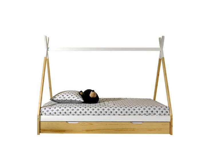 58 aufm Kessel Kinderbett Zeltbett Karyn 206x98x158 Kinderbett Bodenbett Massivholz Weiß/natur (inkl. Versand, Lieferung bis Verwendungsstelle), Liegefläche 90 x 200, Bett in Zeltoptik, Dekorstange, Bettschublade