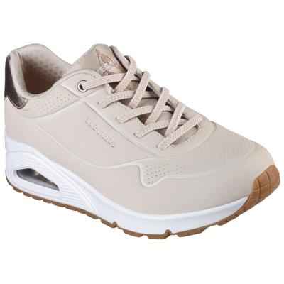 Slip-On Sneaker SKECHERS "UNO SHIMMER AWAY", Damen, Gr. 35, beige (natur), Lederimitat, kontrastfarbene Details, Schuhe Sneaker, Slipper, Freizeitschuh, Plateausneaker mit modischem Keilabsatz, Topseller