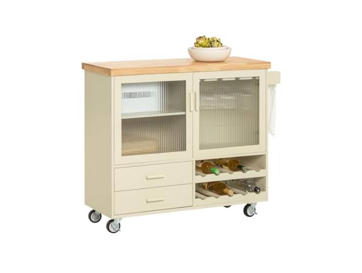 SoBuy FKW114-MI Design Küchenwagen mit Arbeitsplatte Küchenschrank Kücheninsel mit Gewürzregal Rollwagen Sideboard auf Rollen Küchentrolley Beige BHT ca. 109x92x38cm