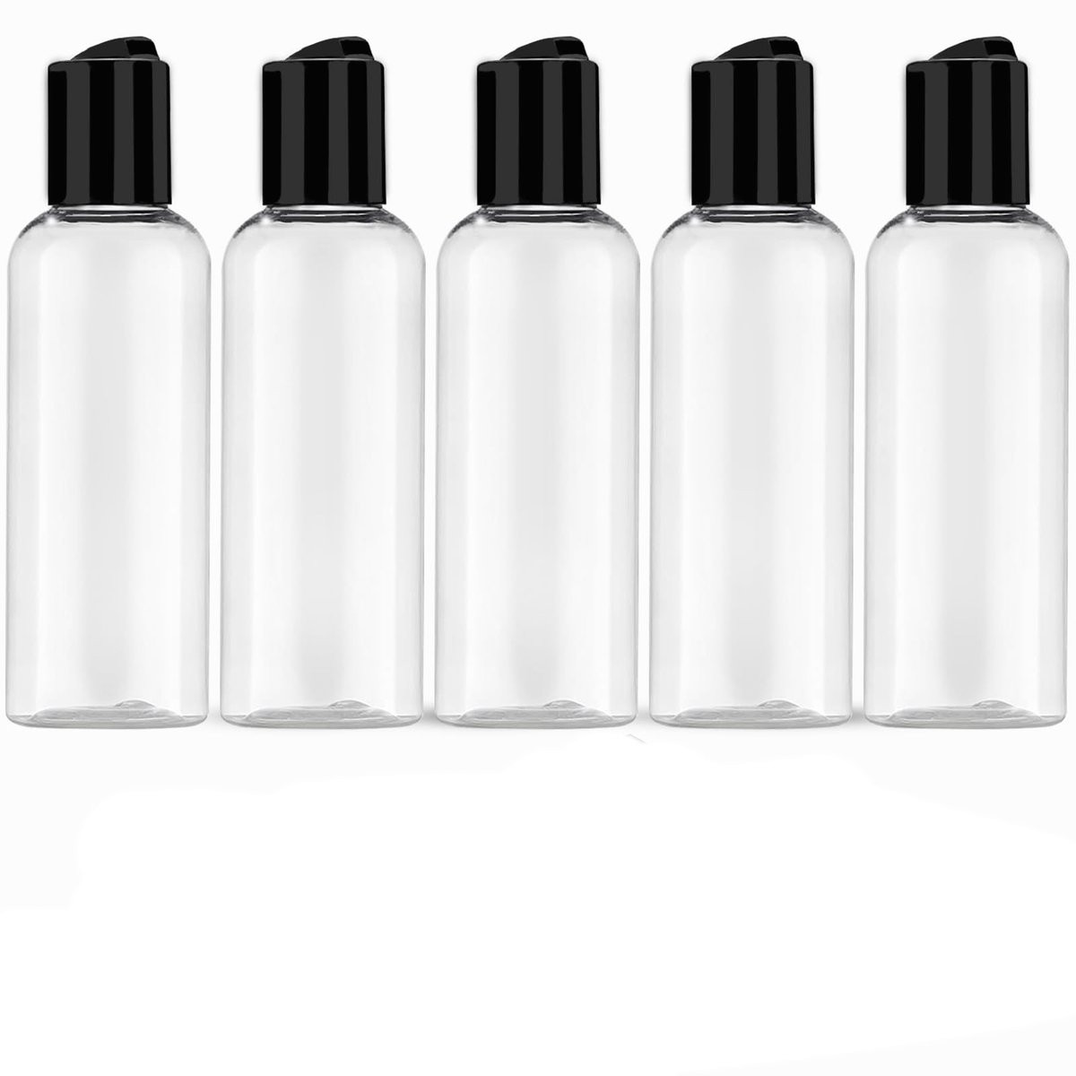 Set van 5 doorzichtige ovale reisflesjes van 100 ml met klikdop - Zwart
