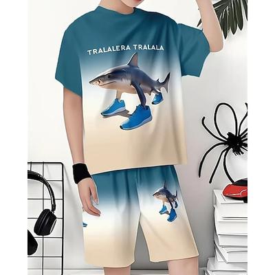 Jungen Cool Tralalero Tralala Sportschuhe Hai Italienisch Brainrot Print Kurzarm Shorts Set Gestrickt Atmungsaktiv Vielseitig Frühling/Sommer Cartoon Buchstaben T-Shirt Outfit Lässig Rundhals Kurzarm