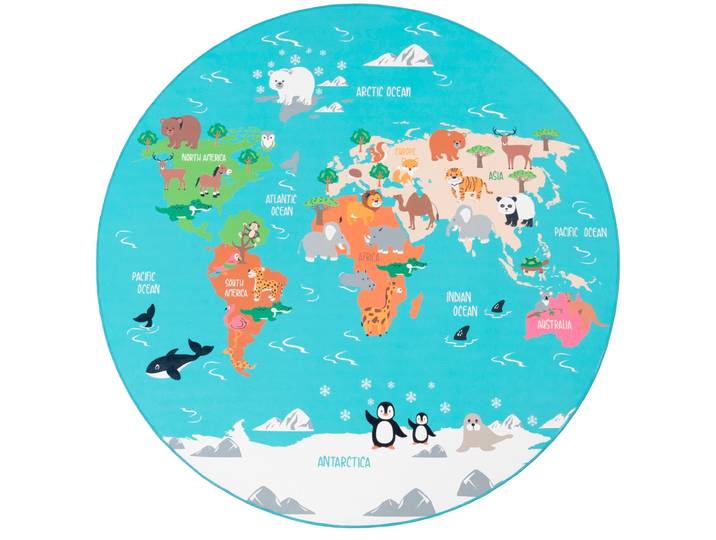 Kinderteppich PACO HOME Bino 564 , blau (türkis), H:4mm Ø:160cm, Polyester, Teppiche, Kinderteppich, Kurzflor, Motiv Weltkarte, Kinderzimmer