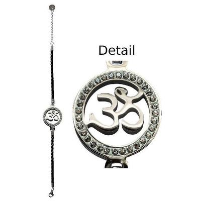 Armband 'Om' Leder schwarz, Edelstahl mit Zirkonia