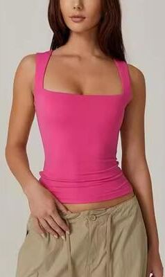 Daily Deals Depot Women Square Neck Double Layer Y2K Crop Tank Top Sleeveless Fitted Summer Top rose Red s