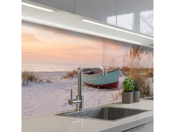 KitchenYeah© Spritzschutz Küche Küchen Rückwand Küchendeko Wand Wandschutz 80x400 cm - Selbstklebend Backsplash Kitchen Peel And Stick Rustikal - Ruderboot - Sandstrand