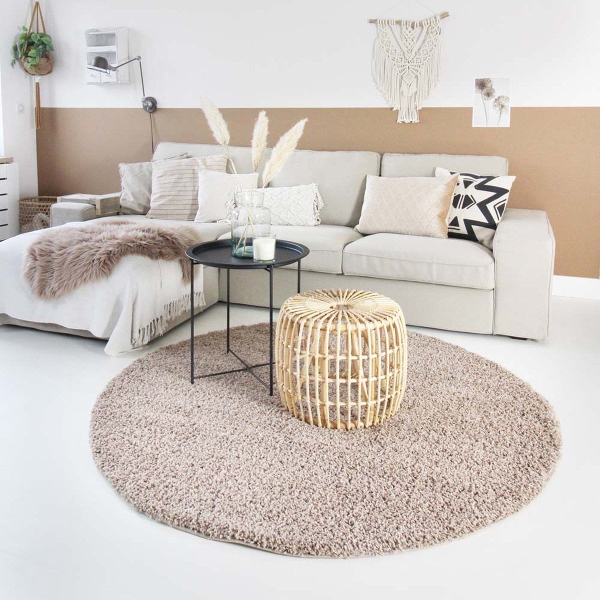 Tapeso Rond hoogpolig vloerkleed Shaggy Trend beige
