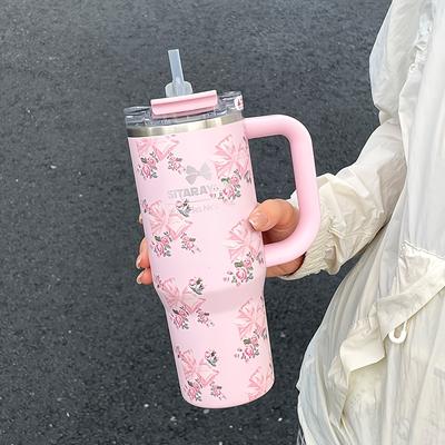 Uplifted Trends Floral Print Stainless Steel Tumbler With Straw Vacuum Insulated Ice Cold Retention Cup pink