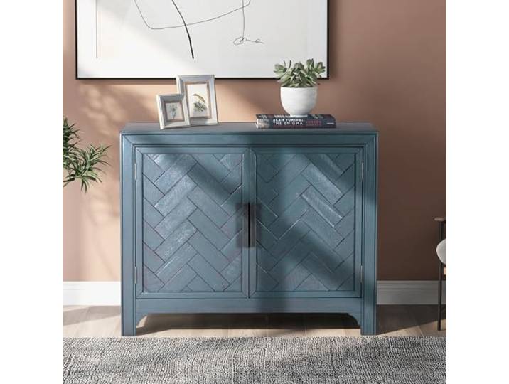 twwhyg Holz-Akzent-Buffet-Sideboard-Aufbewahrungsschrank mit Glastürregal(Antique Blue-v)