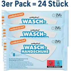 ZVG zetMedica Feuchte Waschhandschuhe, 3er PACK , Parfümfrei, pH-neutral, 24 Stück, Einzeln Verpackt, Gebrauchsfertig (ANTIBAKTERIELL, 3er Pack)
