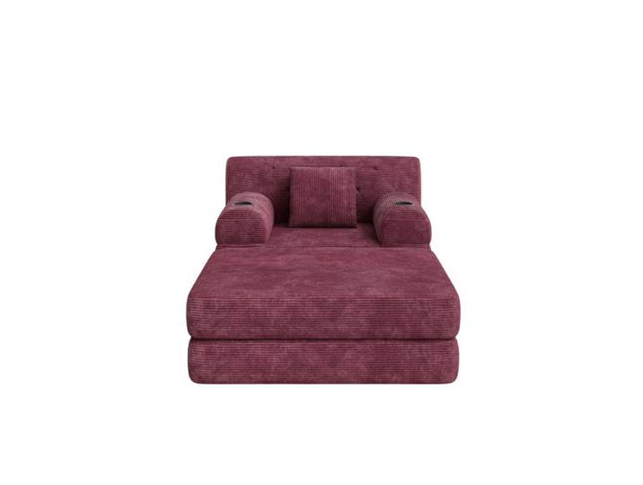 ROVRYN Fauteuil convertible 1 place avec pouf velours côtelé bordeaux dossier haut 2 porte-gobelets