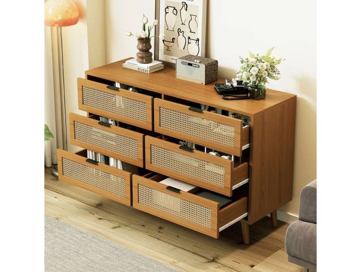Commode 6 tiroirs rétro en bois effet cannage 120 x 40 x 76 5 cm finition noyer poignées métal Grjofek