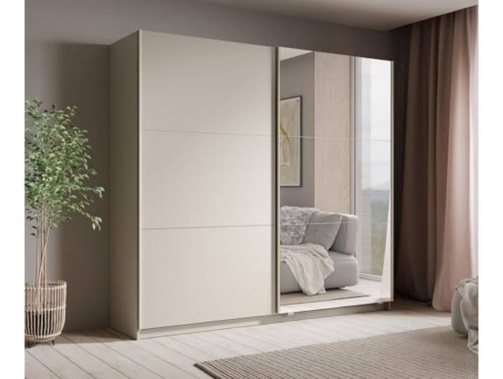 AXLIVING Keiderschrank Schiebetüren Spiegel Lunoria 221 cm Kaschmir Zwei stabile Schiebetüren, eine vollständig verspiegelt. Einlegeböden. Kleiderstange. Hettich Soft-Close-System.