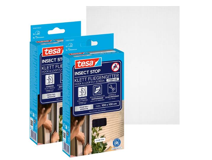 Fliegengitter-Gewebe TESA Klett Fliegengitter Premium für Fenster, Insektenschutz mit Klettband , schwarz (rahmen: schwarz gewebe: schwarz), B:100cm H:100cm, Insektenschutzgitter, Fliegengitter-Gewebe, selbstklebende Insektenschutz 100 x 100cm
