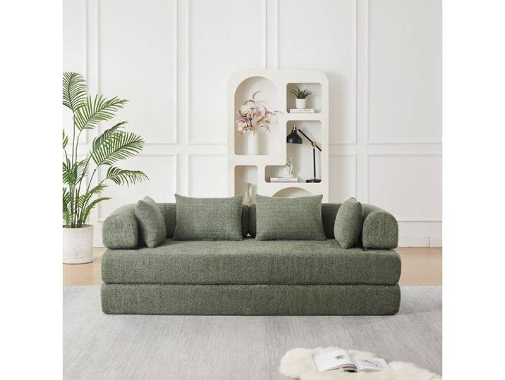MEULVA Canapé-lit modulable 2 places 4-en-1 en chenille verte dossier réglable 4 coussins inclus