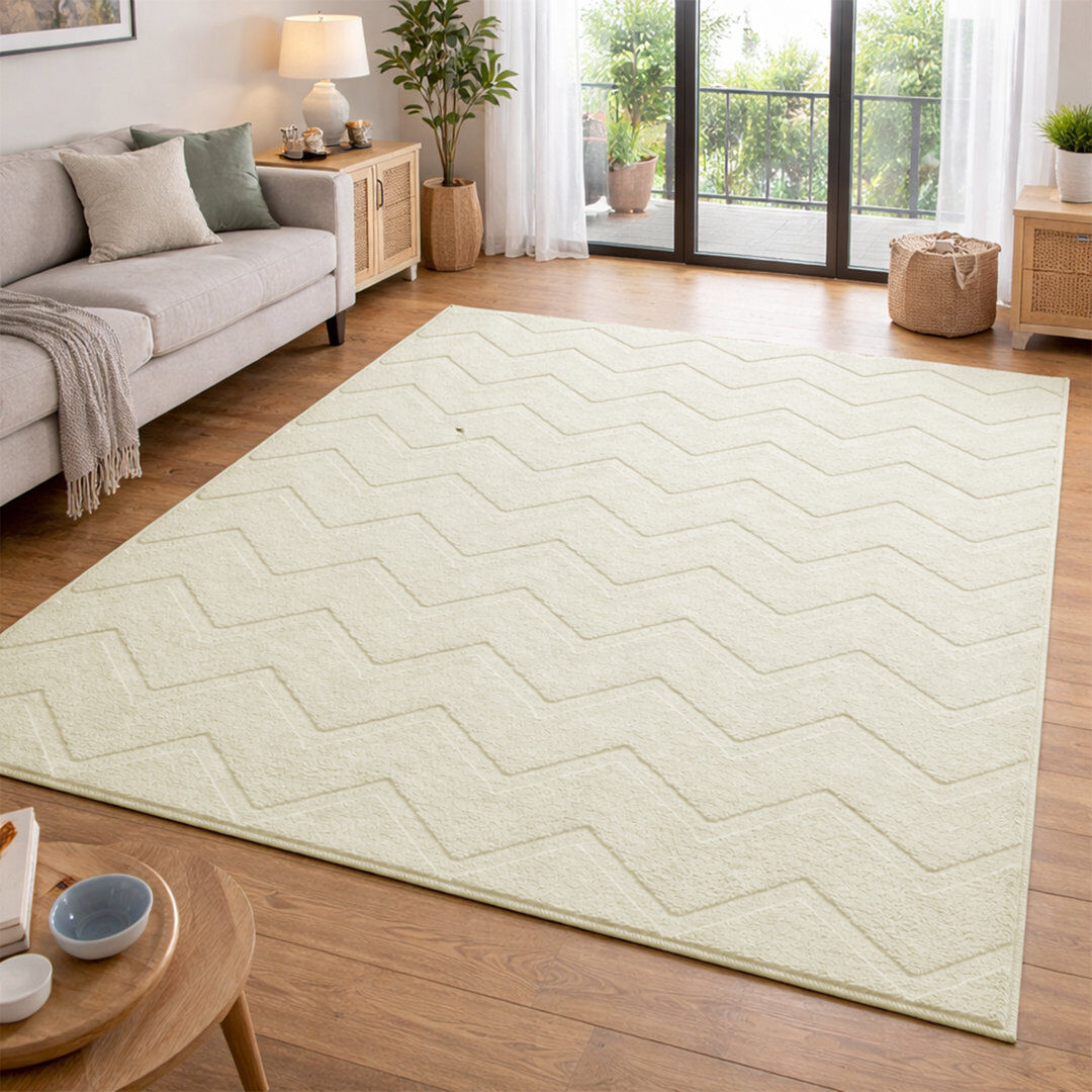17 Stories Geometric Shapes Machine Tufted Shag Area Rug Cream 200x290cm
