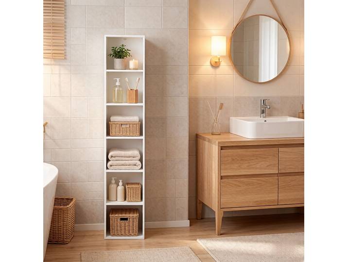 Meubliv Bibliothèque Étroite Blanche 30x24x158\,4 Cm – 6 Niches Ouvertes Avec Anti-basculement