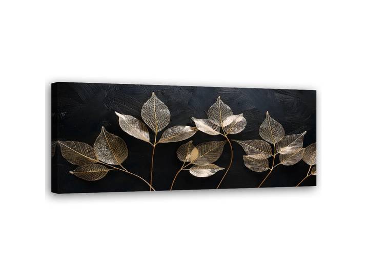 Feeby Wandbild minimalismus hinterlässt pflanzen glamour abstraktion, Goldfarben, Floral, Rechteckig, 90x30 cm, Bilder & Rahmen, Bilder, Leinwandbilder