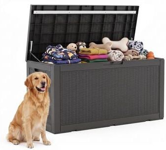 100-gallon resin outdoor storage box, lockable patio storage cabinet, suitable for storing outdoor supplies and pet supplies.