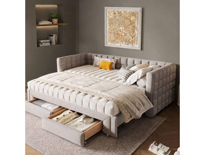 Daybed 2 places en velours beige 90x200 cm convertible en lit queen-size 180 cm avec 2 tiroirs de rangement style carré