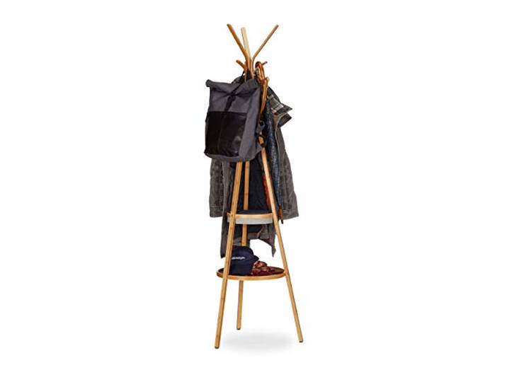Relaxdays Porte-manteau en bambou avec plateau porte-serviettes rangement 3 bras 6 crochets HxlxP: 171x50x50 cm\, nature