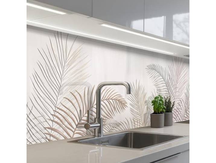 KitchenYeah© Rückwand Küche Rückwandschutz Selbstklebend Spritzschutz 60x250 cm - Küchenrückwand Küchenfront Küchen Selbstklebende Küchenrückwände Blätter - Beige - Botanisch - Vintage