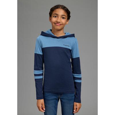 Langarmshirt KANGAROOS "KangaROOS Kapuzenshirt in colorblocking Design", Mädchen, Gr. 128/134, blau (marine), Rippware, Obermaterial: 100% Baumwolle, eng hüftlang, Shirts Langarmshirt, Colorblocking Shirt, eng anliegende Passform, Logo-Stickerei,...