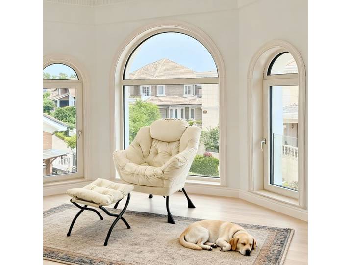Fauteuil Bergère Capitonné avec Repose-pieds beige - Fauteuil de Salon Élégant Structure Métal Stable 150kg Design Chic