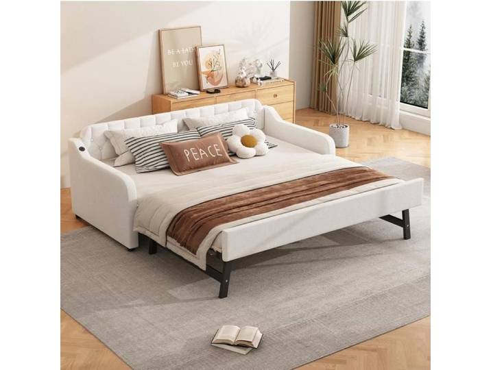 Canapé-lit - KOMHTOM - 90x200 cm - Lit gigogne - Rangement USB - Tissu lin