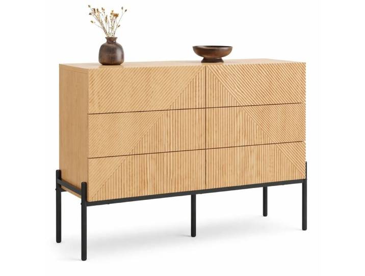Buffet bas 6 tiroirs – MDF aspect bois naturel – structure géométrique – pieds métal
