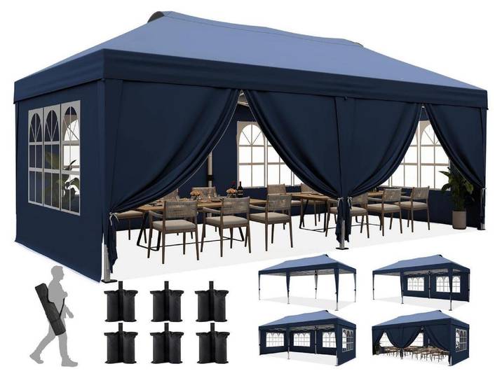 Faltpavillon 3x6m Pop-Up mit 6 Seitenwänden Blau UV-Schutz 50+ Stahlrahmen