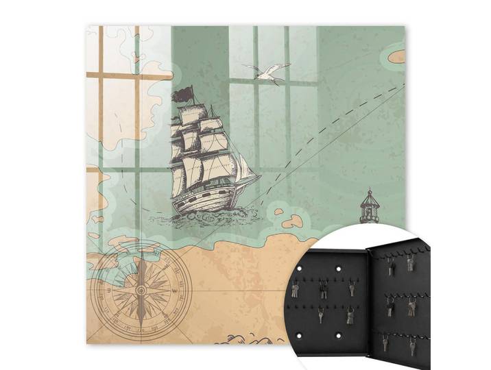Tulup Schlüsselbox Schwarz 30x30 cm- Türöffnung nach rechts - Seeabenteuer, Beige, Metall, Kunstzeichnung, Rechteckig, 30x30x5 cm, Garderobe, Schlüsselkästen & Schlüsselboards