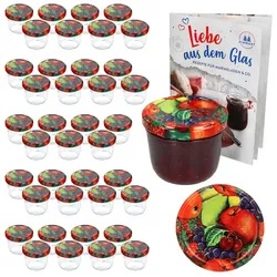 40er Set Sturzglas 230 ml mit Obst Dekor Deckel inkl. Diamant Gelierzauber Rezeptheft
