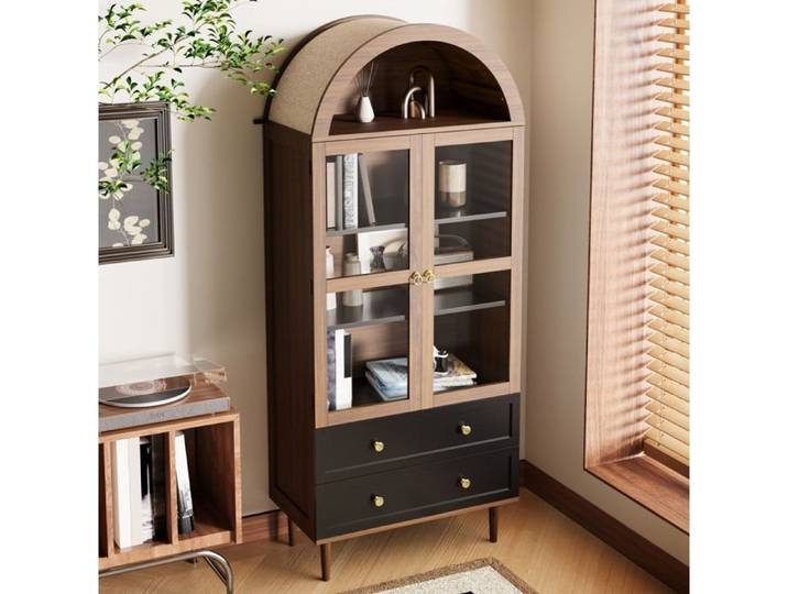 Buffet haut vitrine AESVAR style rétro moderne 70 x 38 x 168 cm MDF verre décor noyer