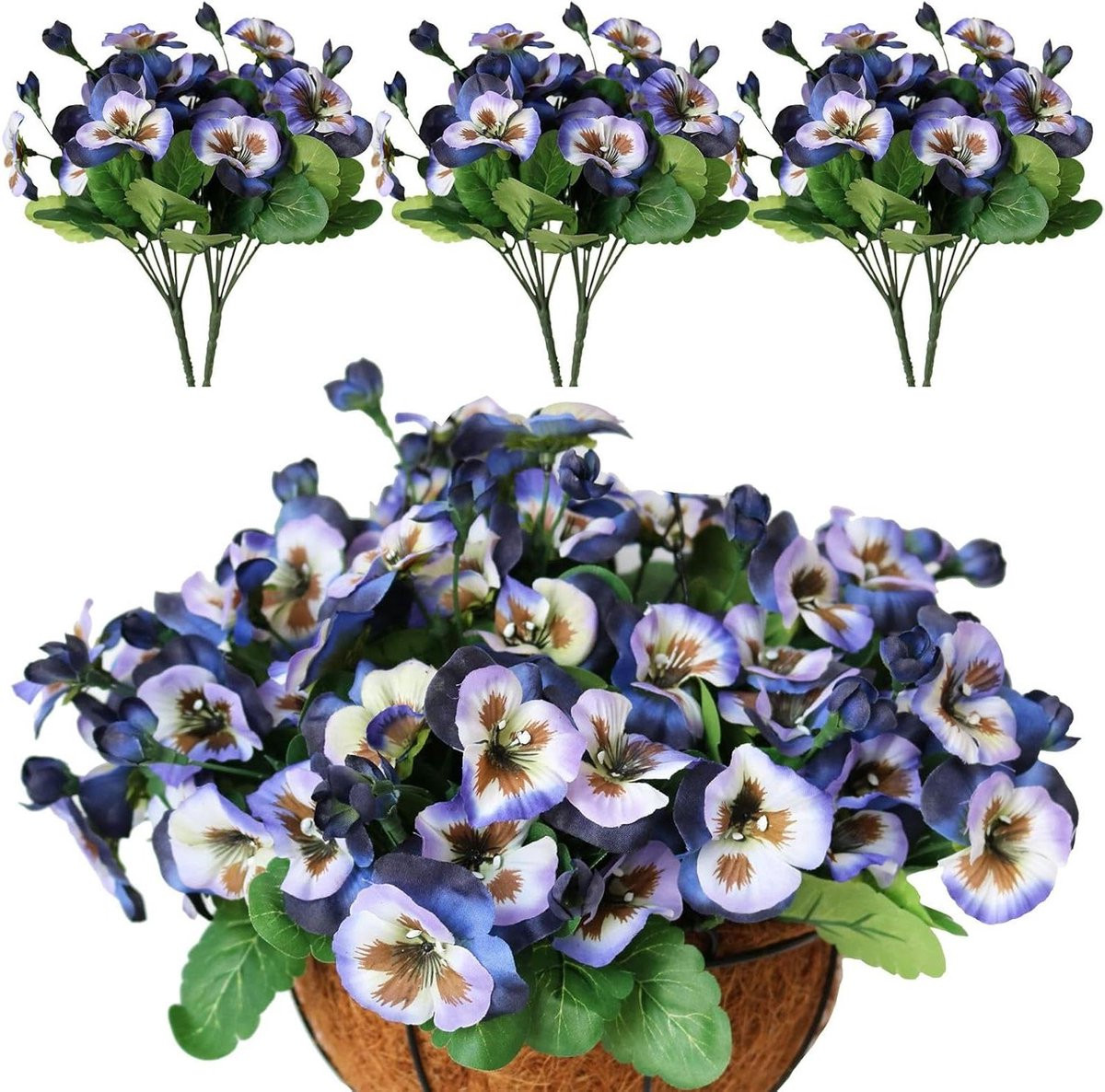 Set van 6 kunstmatige viooltjes struiken voor indoor en outdoor decoratie in paars en blauw
