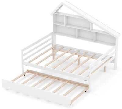 Costway House-Shaped Full Size Daybed with Twin Size Trundle-White