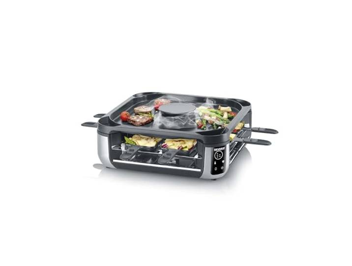 Severin S-Joy Sevento Raclette-Grill mit integriertem Umluft-Filter: weniger Rauch & Gerüche, Digital-Display, 8 Pfännchen & 8 Spatel, kratzfeste ILAG-Beschichtung, bis 230°C, 1900W, schwarz, RG 2350