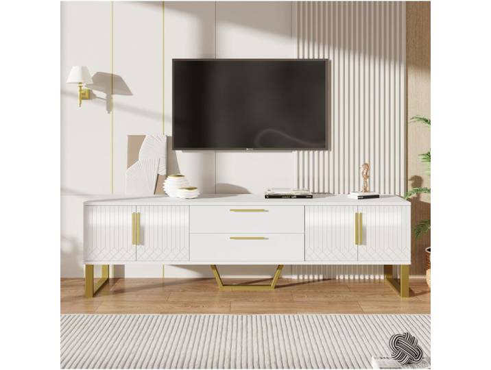 Meuble TV - SENVIRO finition brillante lignes sculptées rangement raffiné 170x40x53cm blanc