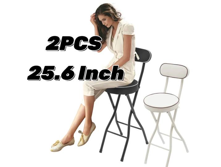 Tabourets de bar pliants avec dossier, lot de 2, structure en acier portable, hauteur 25,6 pouces, chaises hautes de comptoir pliantes modernes blanches