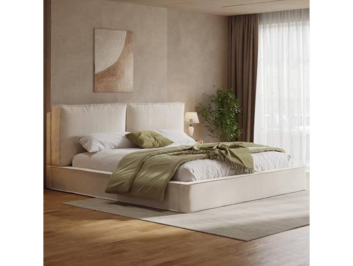 Merax Polsterbett Doppelbett 160x200 cm, mit Lattenrost & gepolstertem Kopfteil, Chenille-Stoff, 13 cm Dickes Kopfteil (105 cm hoch), eingebaute Struktur, Beige (Ohne Matratze)