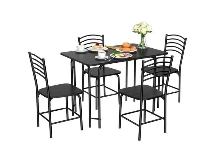 COSTWAY Ensemble Table de Cuisine avec 4 Chaises Cadre en Métal Laqué Table Petit-Déjeuner pour Salle à manger Noir