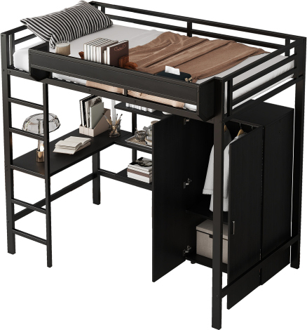 Eisenbett 90x200cm ohne Matratze Etagenbett Schwarz Leiter Eisen Spanplatte Geeignet Heranwachsende Tisch Kleiderschrank Reichlich Ablagefaecher