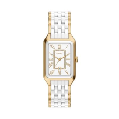Quarzuhr FOSSIL "Raquel", gold (weiß, gelbgoldfarben, weiß, gelbgoldfarben), Armbanduhren, Damen, gelbgoldfarben-weiß, Quarzuhr, Armbanduhr, analog, Tag, Glassteine