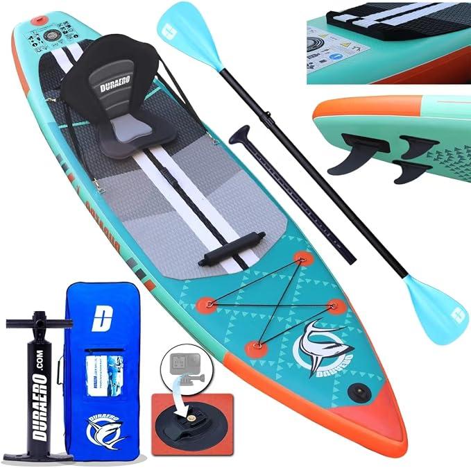 Stand up Paddling Board Aufblasbare SUP Set, Kajak Sitz,330x76x15cm, Tragkraft bis 150Kg, Cam Halterung,Integrierte Kick-Pad, 3 Finnen, Verstellbares Doppel-Paddel, Komplettes Zubehör, Mintgrün