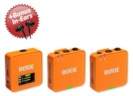 Rode Wireless GO Gen 3 draadloos microfoonsysteem, oranje met bonus in-ear hoofdtelefoon