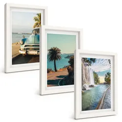 BILDER SET 3er Set - 20x30 cm Weißer Rahmen - Urlaub Palmen Wasserfall