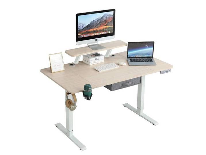 Radlove 140cm Bureau Assis Debout Electrique avec Etagere Bureau Reglable en Hauteur Table Bureau Standing Desk Chêne
