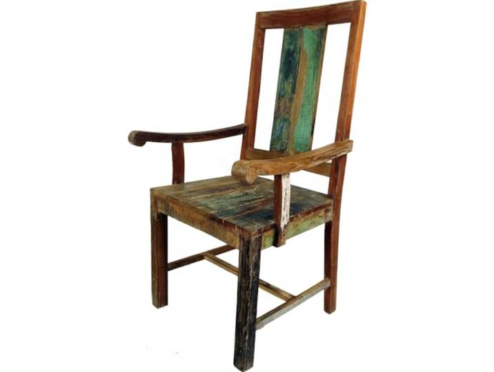 Stuhl mit Armlehne aus Recycle Holz im Vintage Design, Modell 14, Modell 14 Antikfarbener Stuhl, kunstvoll aufbereitet, einzigartige Struktur, stilvoller Blickfang.